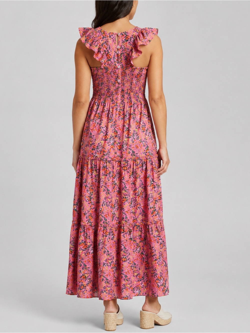 Melloday L Pink Floral Smocked Ruffle Tiered Maxi Dress Cottagecore Romantic - Picture 3 of 5